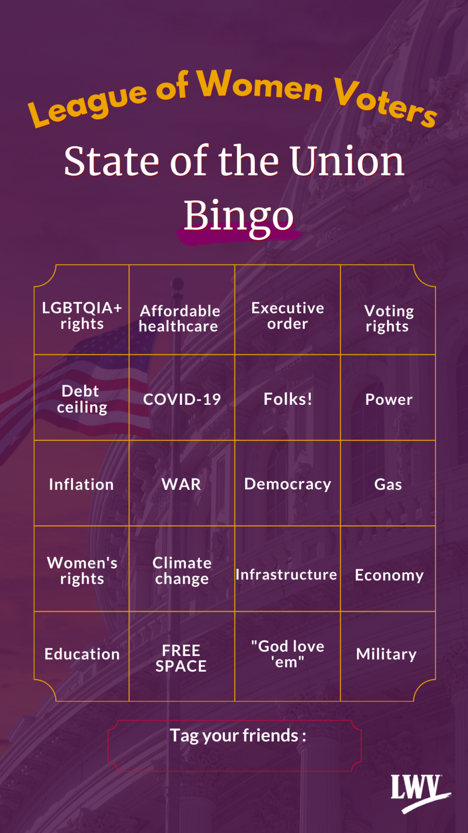 Bingo card for the 2023 State of the Union