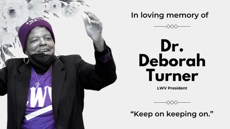 A picture of Dr. Deborah Ann Turner next to the text "in loving memory of Dr. Deborah Turner, keep on keeping on"
