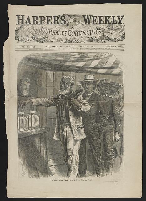 The cover of Harper's Weekly showing an illustration of a Black man casting a vote