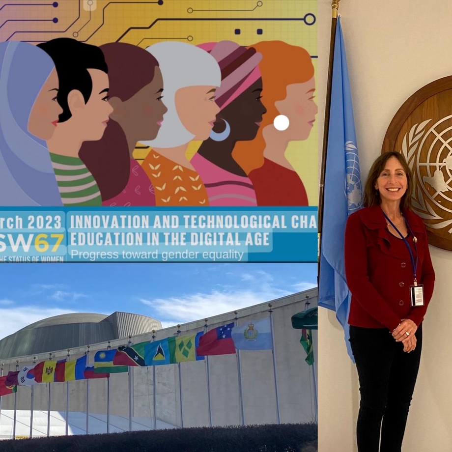 UN Observer standing next to a sign at the UN Commission on the Status of Women