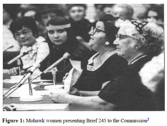 Black and white picture of four Mohawk women speaking at a historic Commission on the Status of Women
