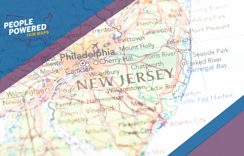 Graphic of New Jersey state map to showing state district lines to connect to redistricting