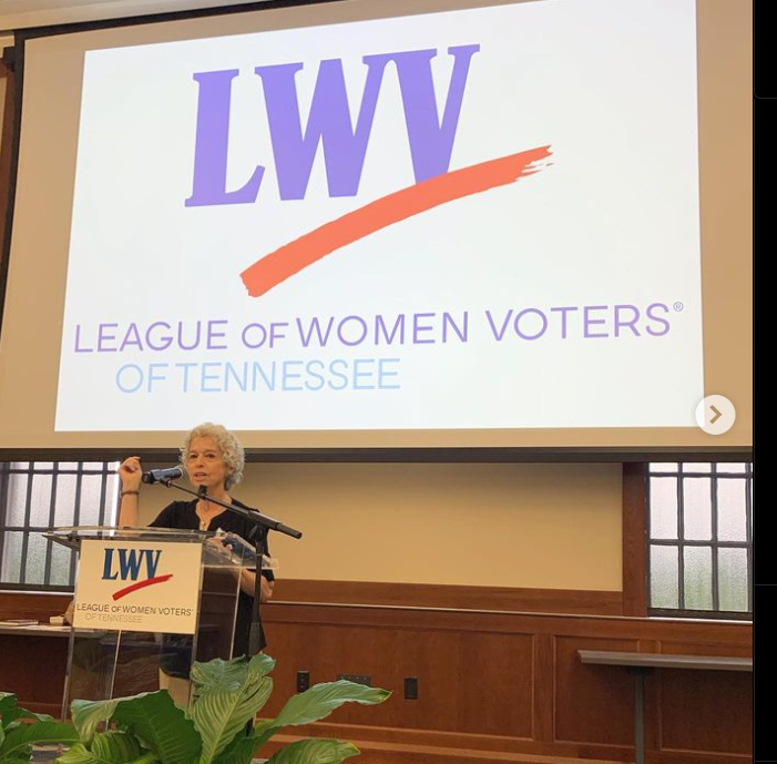 LWVTN President Debby Gould speaking at a podium