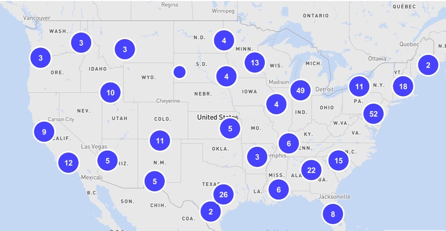 Screenshot of a map of the US with blue dots indicating the presence of day of action events nationwide