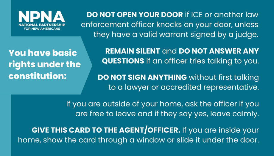 A wallet card from NPNA listing the rights immigrants have when confronted by ICE