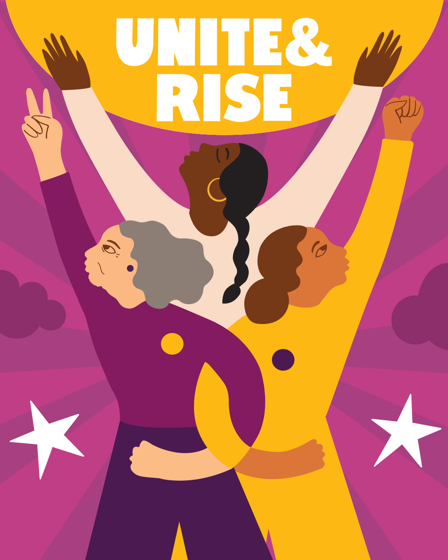 Three women lifting their arms up to the sky, where the text "Unite and Rise" sits on the sun
