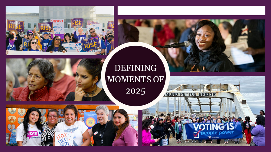A collage of pictures from 2025 with the text "Defining Moments of 2025" in the center