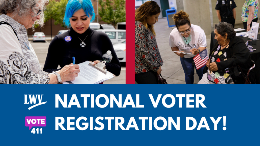 Two pictures of women registering women to vote above the text "National Voter Registration Day"