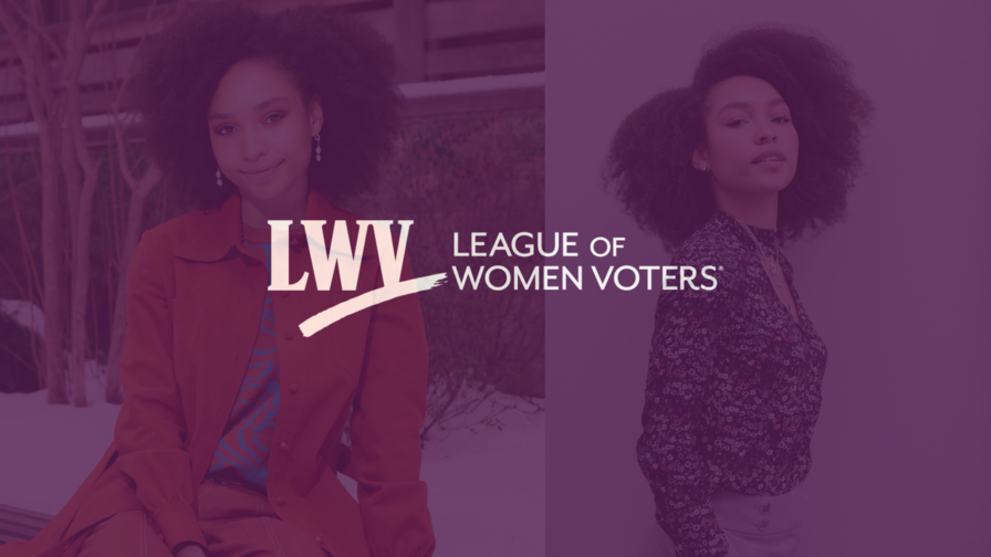 Pictures of activist Anya Dillard with a purple overlay and the LWV logo in the center