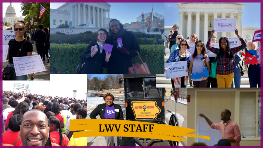 A college of photos of different staff members at different locations. that reads LWV Staff