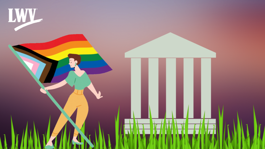 Cartoon of a person holding a pride flag in front of the US Supreme Court