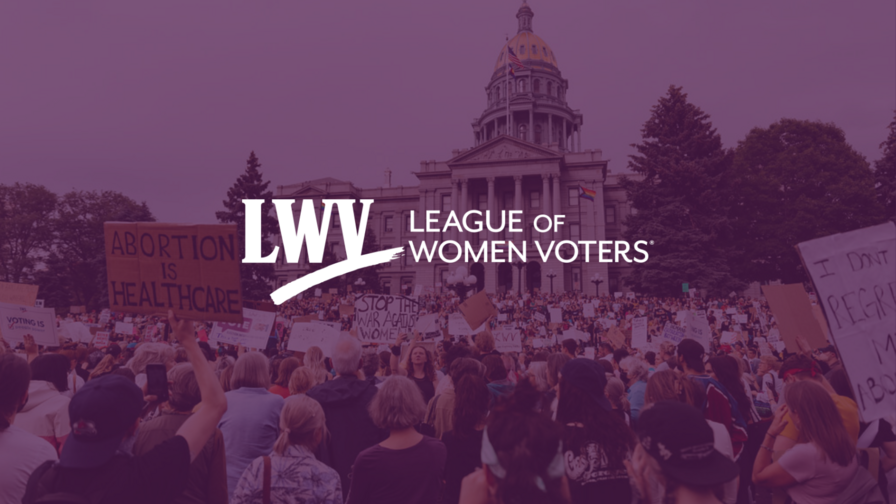 A faded picture of people protesting for abortion rights beneath a purple filter. Centered is a white version of the LWV logo.