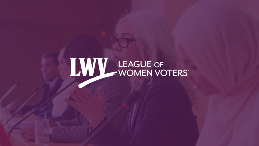 Faded image of people on a panel speaking into microphones. The LWV logo is in the center of the image.