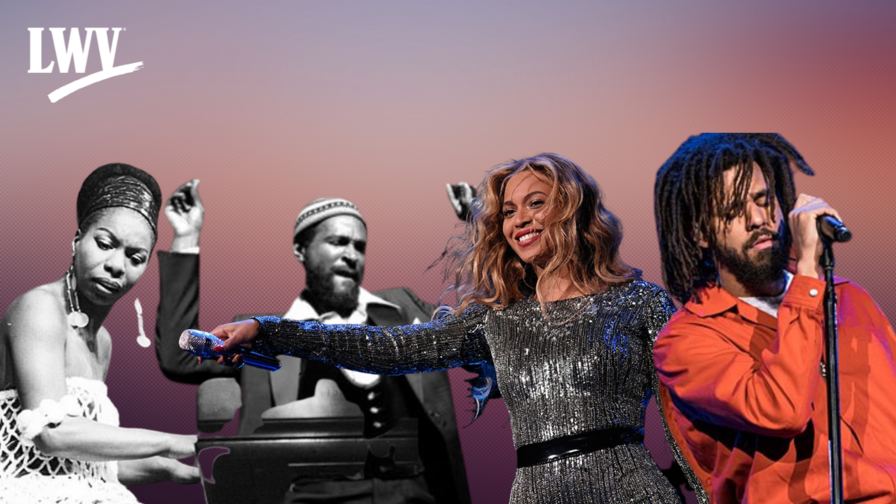 Nina Simone, Marvin Gaye, Beyoncè,, and J. Cole on a purple background
