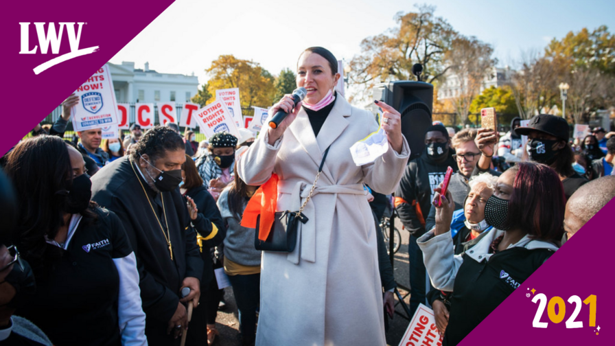 LWVUS CEO speaking at a rally in 2021