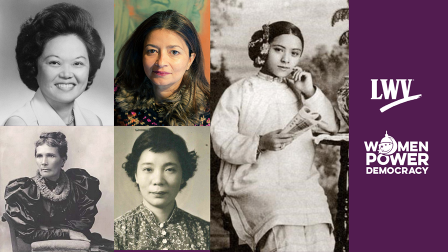 Headshots of Patsy Mink, Sayu Bhojwani, Tyle Leung-Shulze, Emma Kaili Metcalf Beckley Nakuina, and Mabel Ping-Hua Lee