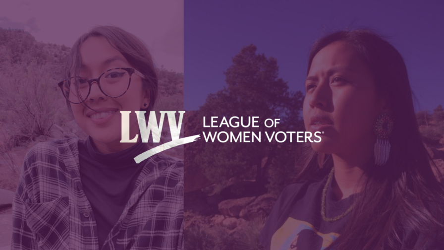 Images of activist Naelyn Pike with a purple overlay and the LWV logo centered
