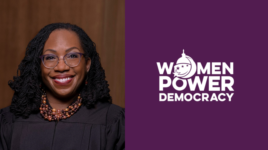 Justice Ketanji Brown Jackson next to the Women Power Democracy logo