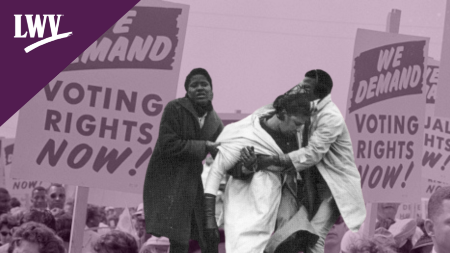 Picture of Amelia Boynton being helped at Bloody Sunday in front of image of marcher's signs