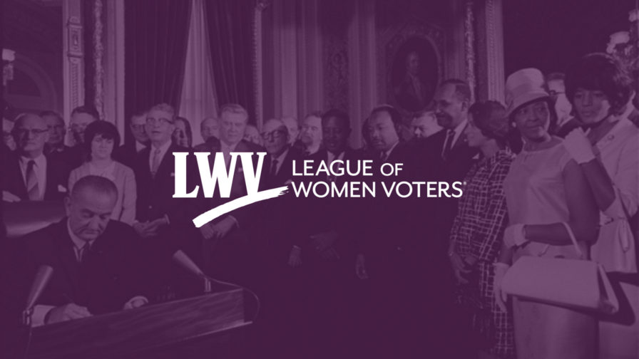 Picture of the passage of the Voting Rights Act on a purple overlay with the LWV logo in the center