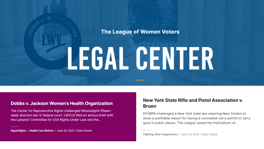 Screenshots from the legal center showcasing its banner and two case descriptions