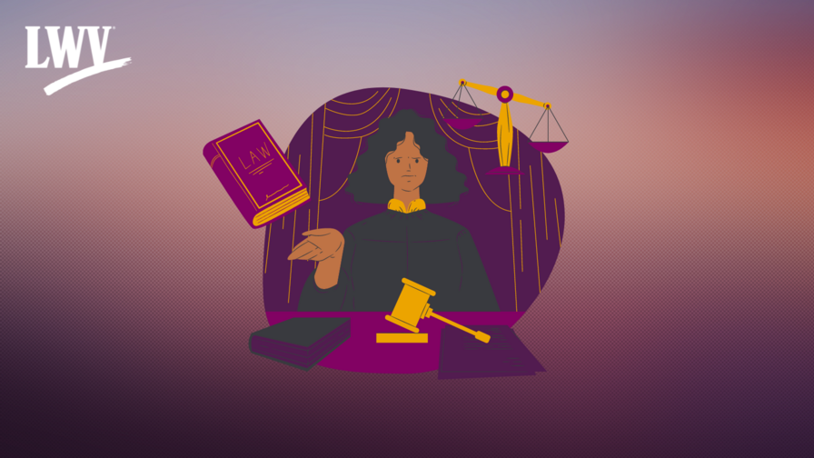 Cartoon of a female judge holding a law book with the white LWV logo in the upper lefthand corner