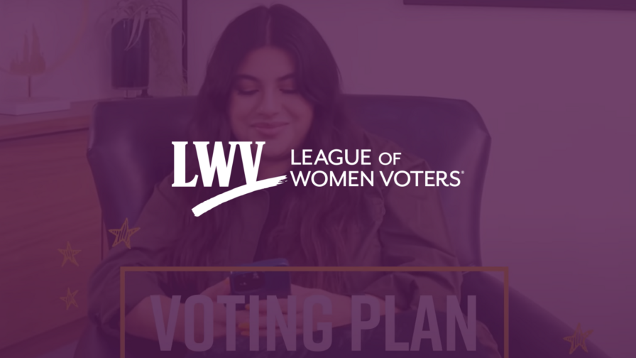 Picture of a woman scrolling for voting information on her phone with a purple overlay. White LWV logo in the center.