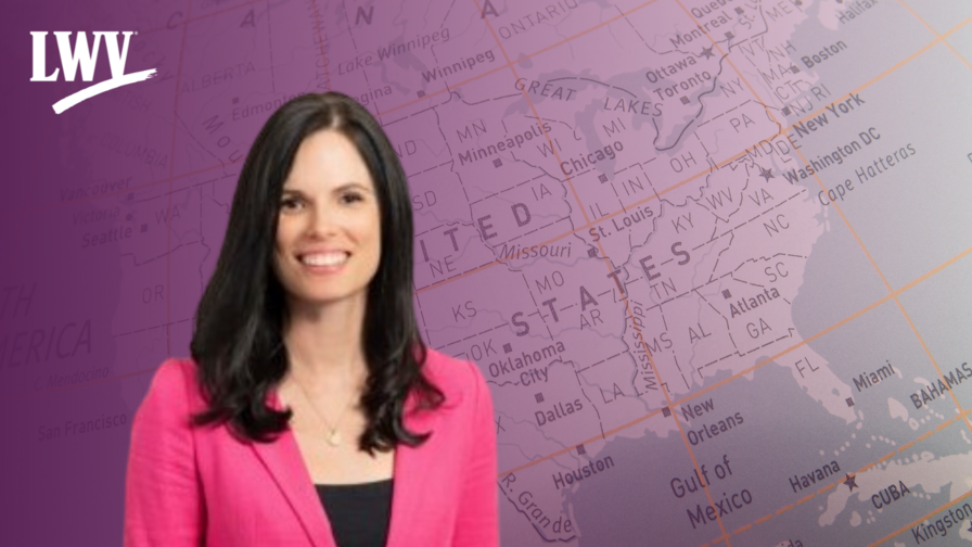 Lawyer Allison Riggs in front of a map of the US