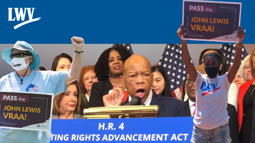 A collage featuring pictures of women protesting for the John Lewis Voting Rights Advancement Act, plus John Lewis himself speaking in front of a microphone