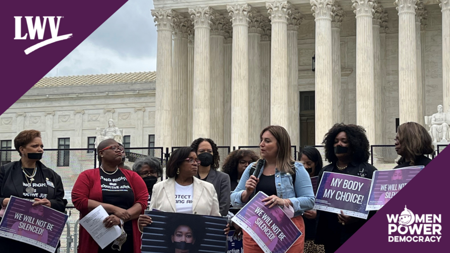 League CEO Virginia Kase Solomón speaking at a rally for voting and abortion rights