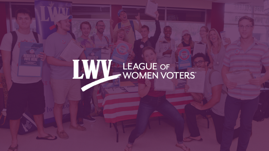 Faded picture of college students registering to vote on a purple background. The white LWV logo is in the center.
