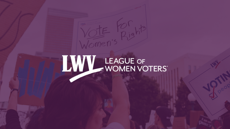 A picture of people protesting for reproductive rights with a purple overlay. The white LWV logo is centered.