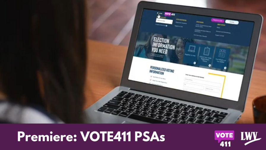 Person with long dark hair sitting in front of a computer that is opened to VOTE411.org. Below, the caption "Premiere: VOTE411 PSAs"