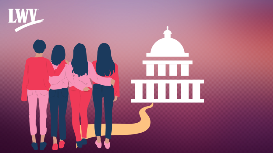 Illustration of women standing in front of a path to the US Senate building