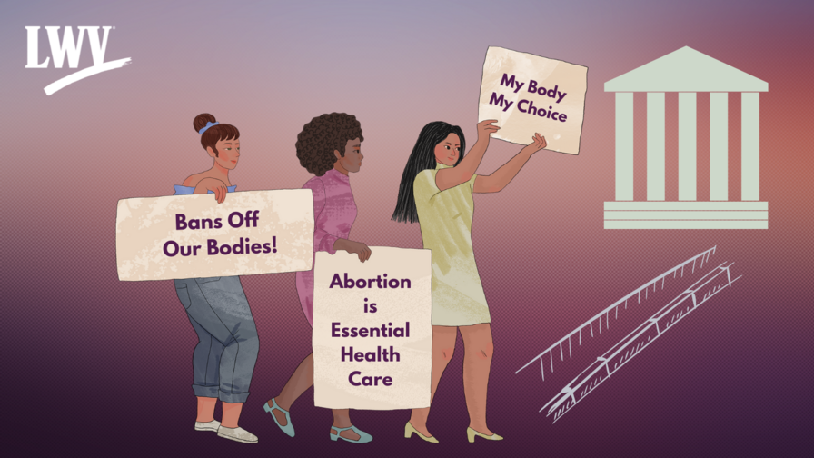 Illustrations of three women carrying protest signs for reproductive rights and walking to the US Supreme Court on a purple background