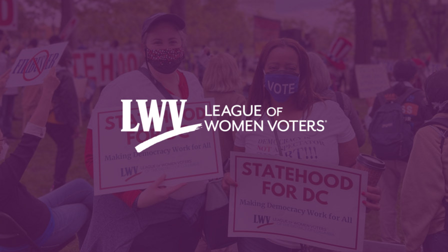 Picture of two people protesting for DC statehood with a purple tint and the LWV logo in the center