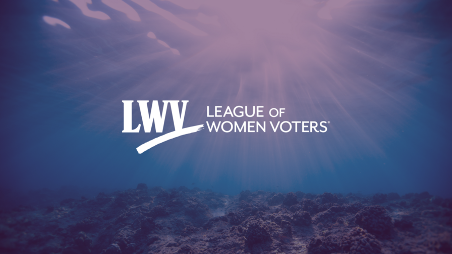 A picture of the ocean with the LWV logo overlaid in the center