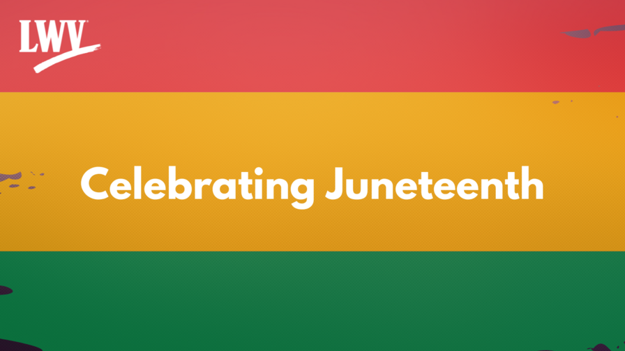The text "Celebrating Juneteenth" on a striped red, yellow, and green background