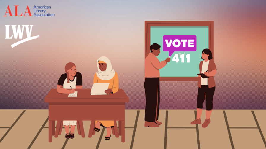 Illustration of people reading at a table and looking at an eraser board with the VOTE411 logo