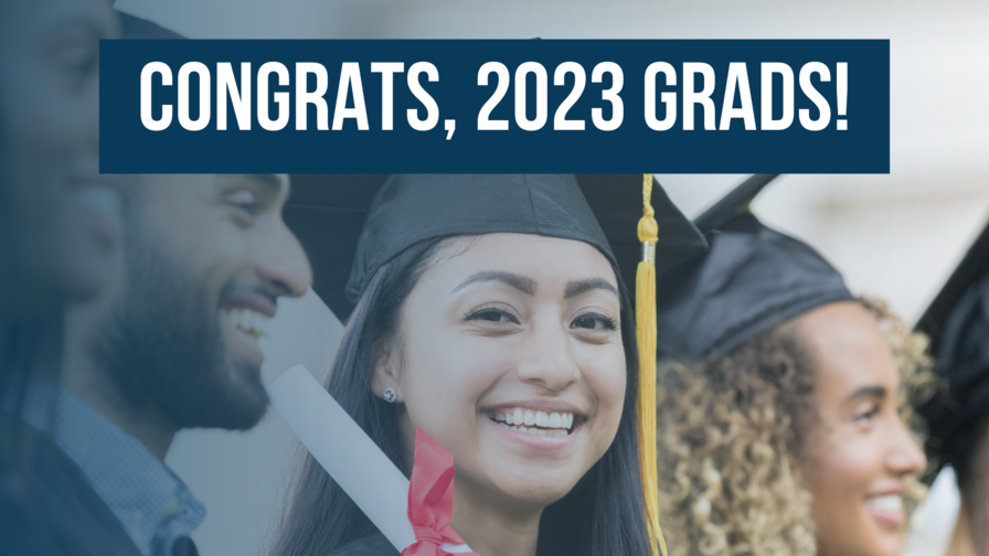 Graduates in caps and gowns with the text "Congrats 2023 Grads. Your voice is your power. Get ready to vote."