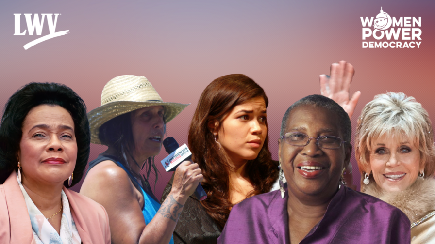 Collage of pictures of Coretta Scott King, Winona LaDuke, America Ferrera, Byllye Avery, and Jane Fonda