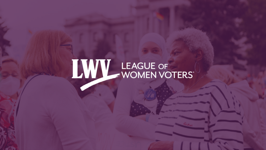 LWV President Dr. Deborah Ann Turner speaking to a crowd member at a reproductive rights rally. The image has a purple overlay and the LWV logo is centered.