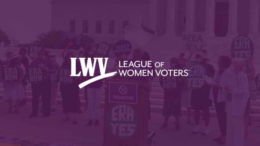 LWV Board President Dr. Deborah Turner speaking at an ERA rally in DC with a purple overlay. The LWV logo is centered.
