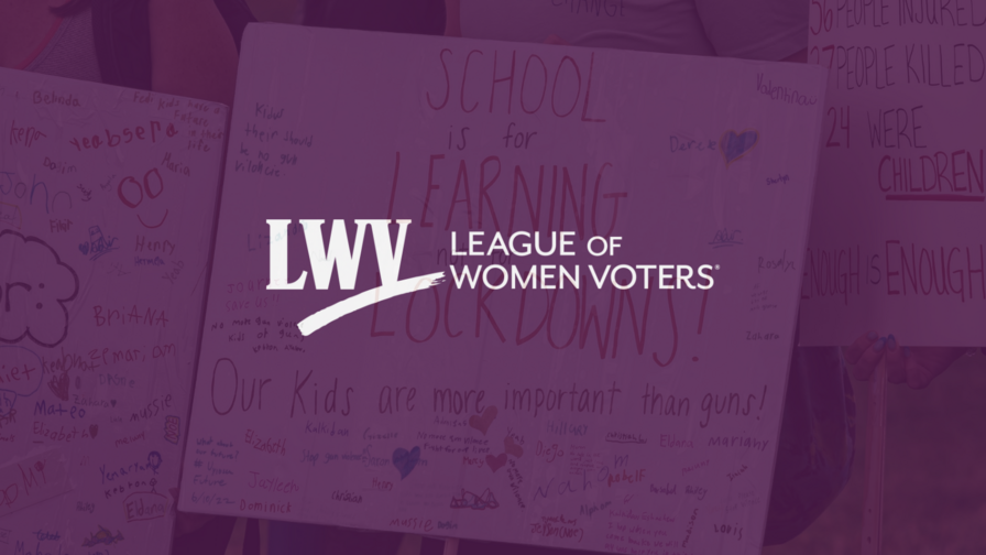 A sign saying "school is for learning, not lockdowns" with a purple overlay and the LWV logo centered