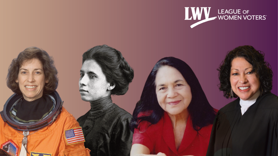 Pictures of Ellen Ochoa, Jovita Idar, Dolores Huerta, and Sonia Sotomayor on a purple background