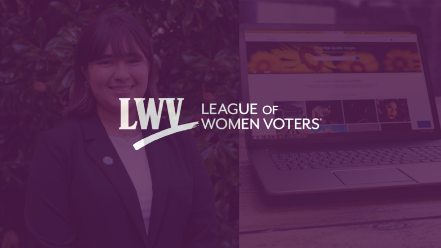 Pictures of Isabella Insignares and a computer with a purple overlay and the LWV logo centered