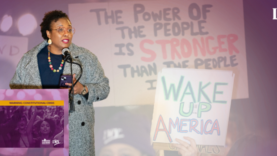 CEO Celina Stewart at a podium. In the background are faded images of protest signs.