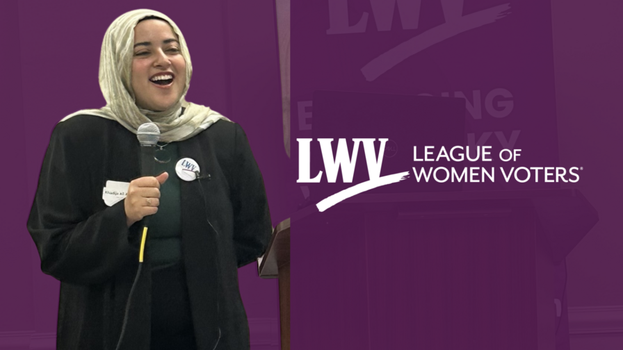 A woman with a microphone over a purple background and the League logo