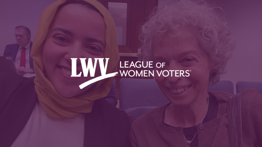 The blog's author Khadija Ali Amghaiab and LWVTN President Debby Gould with a purple overlay and the LWV logo centered