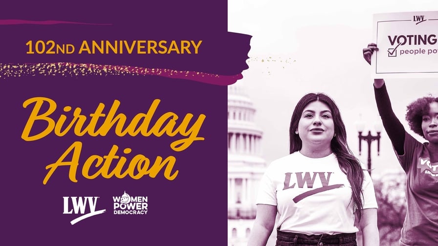 Picture of two LWV members next to the text: Birthday Action